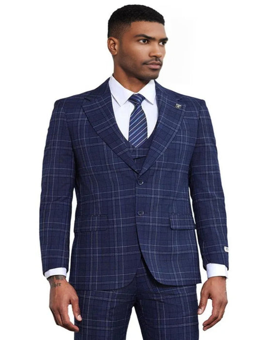 Men's Stacy Adams Vested Two Button Double Windowpane Plaid Navy Suit