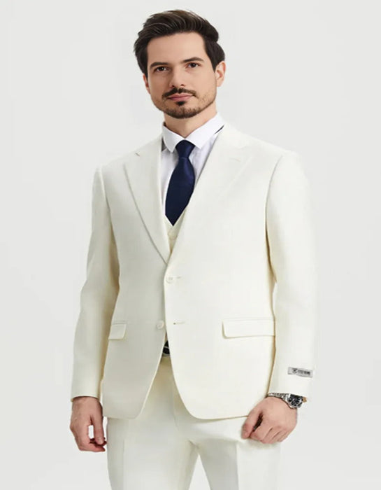 Men's Two Button Vested Stacy Adams Basic Designer Ivory Off White Suit