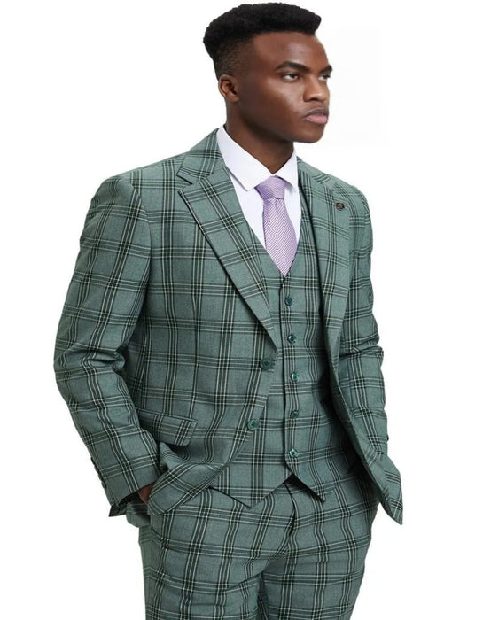 Men's Stacy Adams Two Button Vested Glen Olive green Suit