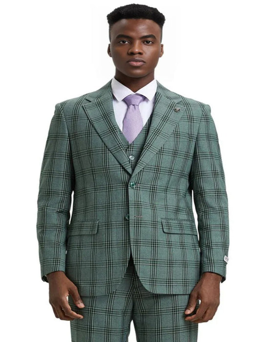 Men's Stacy Adams Two Button Vested Glen Olive green Suit