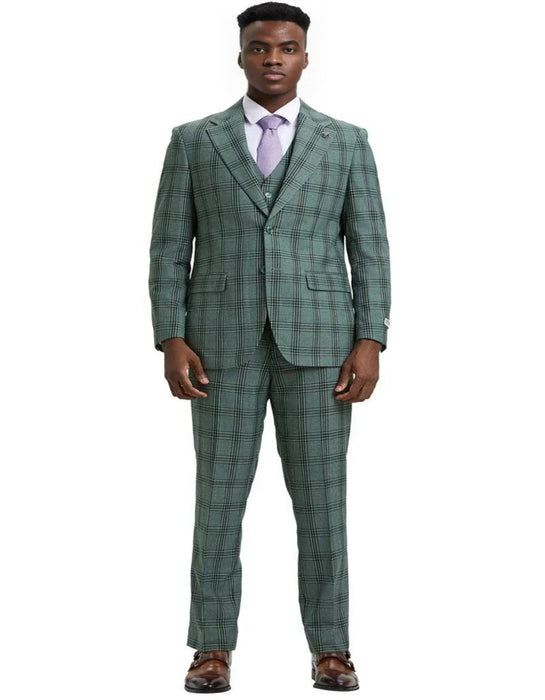 Men's Stacy Adams Two Button Vested Glen Olive green Suit