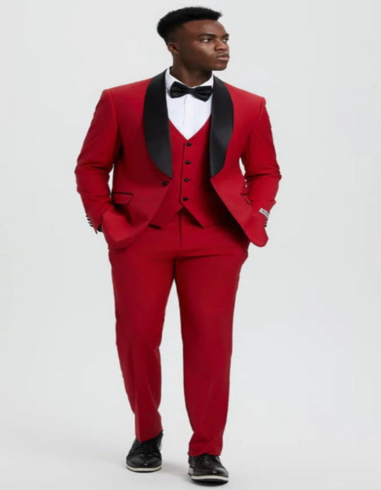 Mens Vested One Button Shawl Lapel Designer Tuxedo in Red