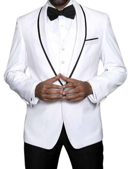 Men's Shawl Lapel With Trim 1 Button Blazer White Sport Coat Dinner Jacket With Trim