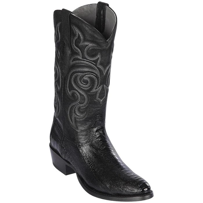 Men's Black Ostrich Leg Cowboy Boots: Genuine Leather Western Dress Boots (R-Toe)