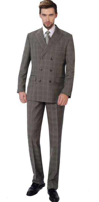 Walnut Plaid Mens 2-Piece Classic Fit Dual Side Vent Double Breasted Peak Lapel Plaid Suit