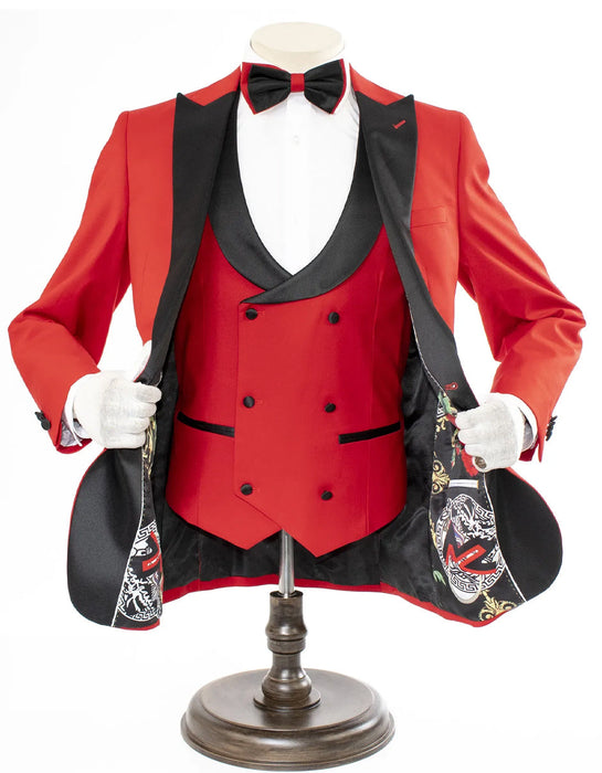 Mens 2 Button Peak Lapel Prom 2025 Red Tuxedo with Double Breasted Vest