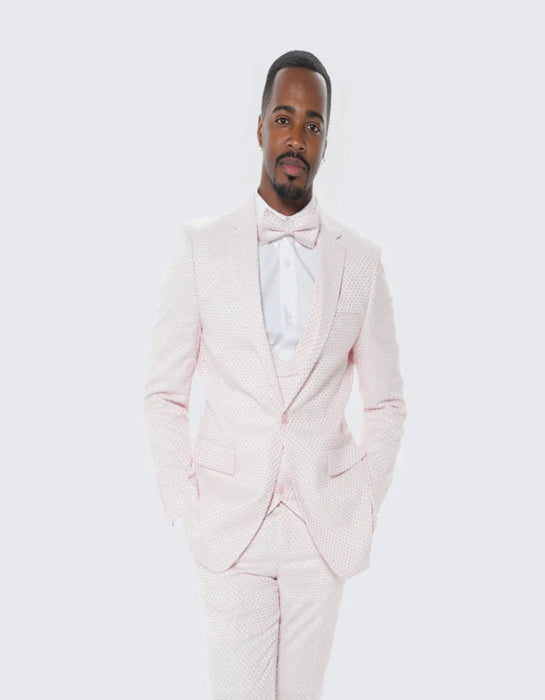 Pink Tuxedo with Polka Dot Textured Design Four Piece Set - Wedding - Prom