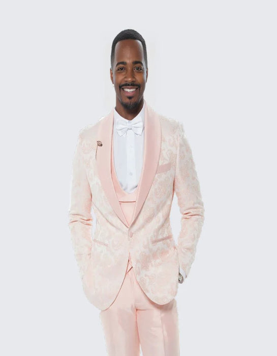 Men's Blush Pink Tuxedo with Floral Design Four Piece Set- Wedding - Prom