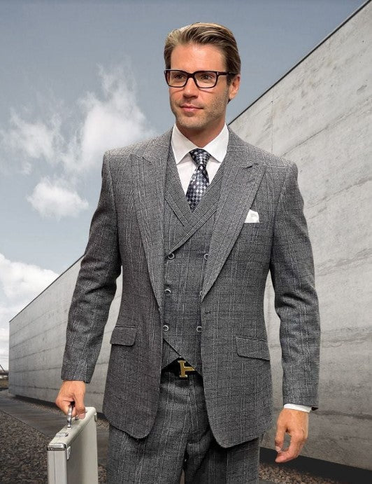 Men's Classic Fit Charcoal Gray Plaid Wool Suit with Pleated Pants