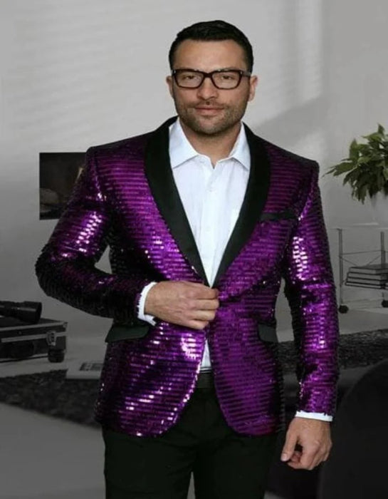 Christmas Blazer - New Year Holiday Tuxedo Dinner Jacket - Purple Sequin Fabric Shiny Perfect For Party