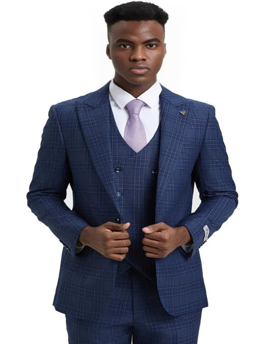 Men's Stacy Adams One Button Peak Lapel Double Breasted Blue and Purple Suit