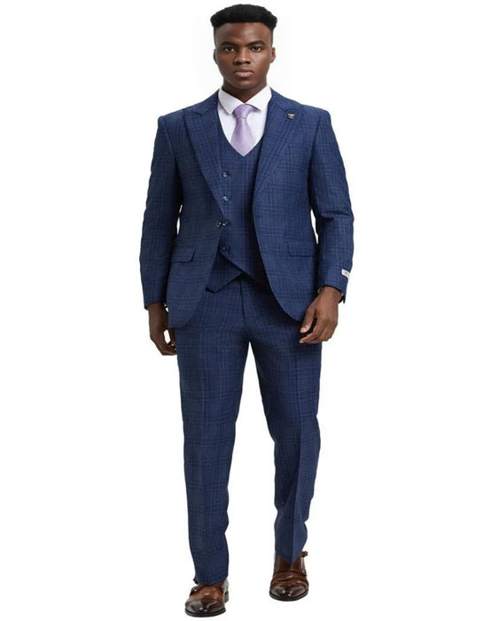 Men's Stacy Adams One Button Peak Lapel Double Breasted Blue and Purple Suit