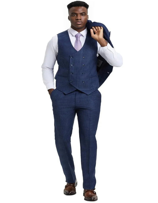 Men's Stacy Adams One Button Peak Lapel Double Breasted Blue and Purple Suit