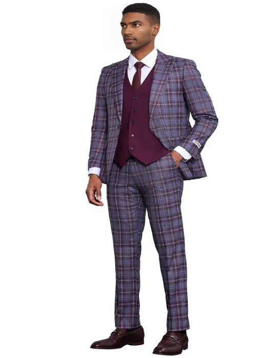 Men's Stacy Adams Bold Windowpane Plaid Print Vested Lavender and Purple Suit