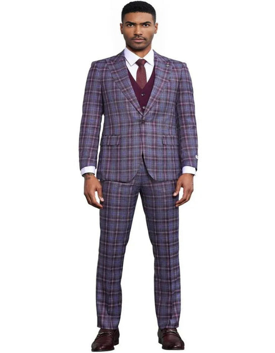 Men's Stacy Adams Bold Windowpane Plaid Print Vested Lavender and Purple Suit