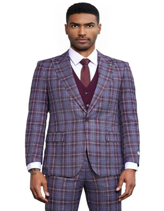 Men's Stacy Adams Bold Windowpane Plaid Print Vested Lavender and Purple Suit