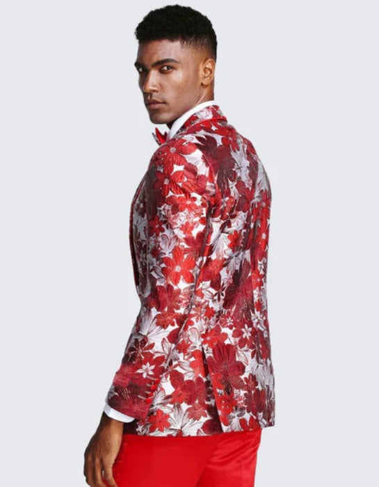 Red One Button Floral Tuxedo Jacket Slim Fit - Wedding - Prom