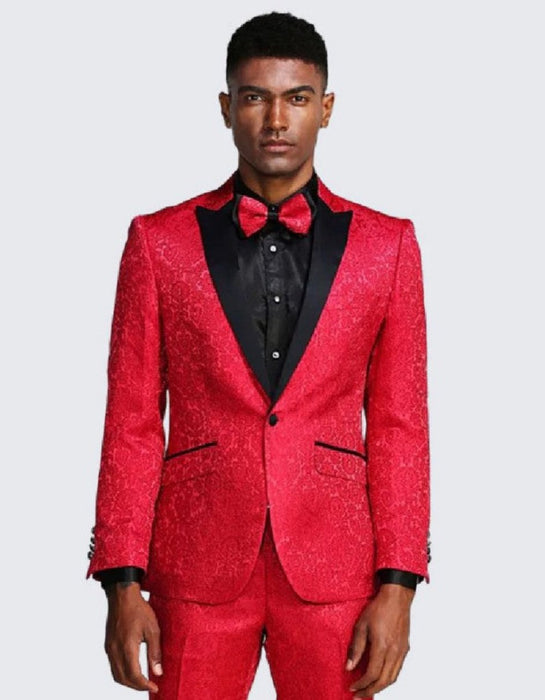 Red Paisley Slim Fit Tuxedo Three Piece Set - Wedding - Prom 2025