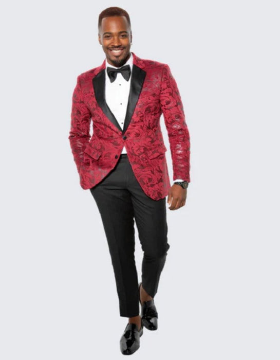 Red Paisley Notch Label Hybrid Fit Tuxedo Jacket - Wedding - Prom