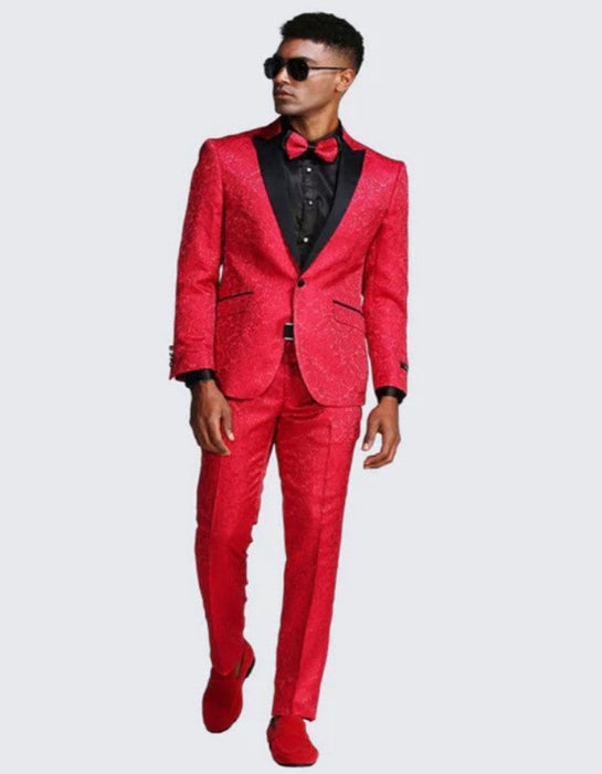 Red Paisley Slim Fit Tuxedo Three Piece Set - Wedding - Prom 2025