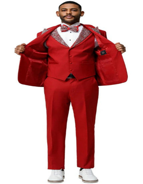 Red Prom Tuxedo - Perfect Wedding Suit Vested Rhinestone Lapelled