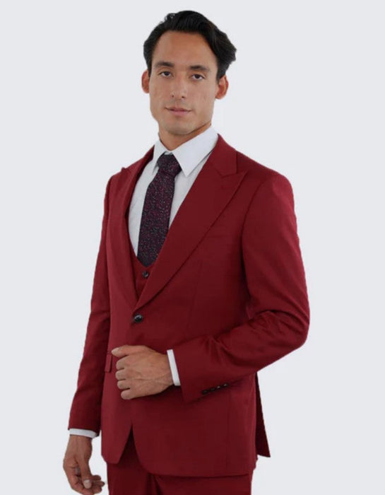 Red Slim Fit Three Piece Suit with Large Peak Lapel One Button - Wedding - Prom