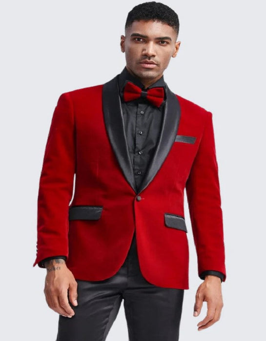 Red Velvet Tuxedo Jacket Slim Fit with Shawl Lapel - Wedding - Prom