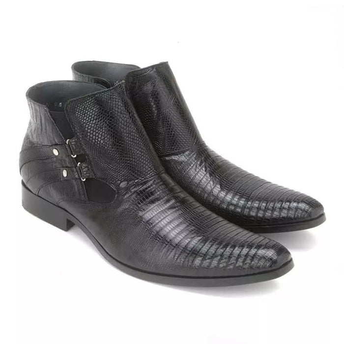 Genuine Black Lizard Leather Ankle Boots - Los Altos Designer Booties