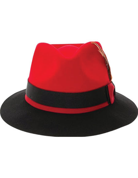 Gangster 100% Austrailian Wool Crushable Mens Fedora Hat - Removable Feather Gangster Red And Black Mens Fedora Hat