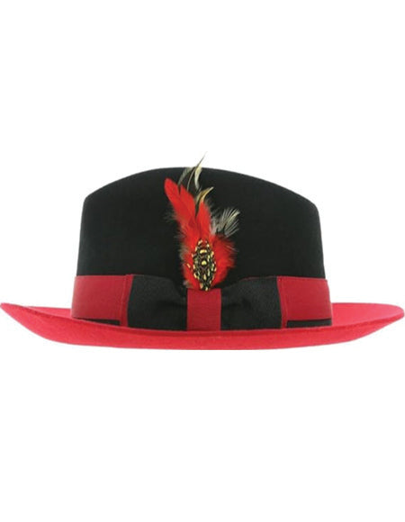 Gangster 100% Austrailian Wool Crushable Mens Fedora Hat - Removable Feather Gangster Black-Red Mens Fedora Hat