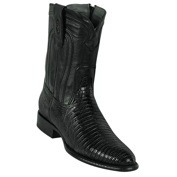 Men's Black Leather Western Boots: Genuine Teju Lizard Roper Toe Zipper Boots