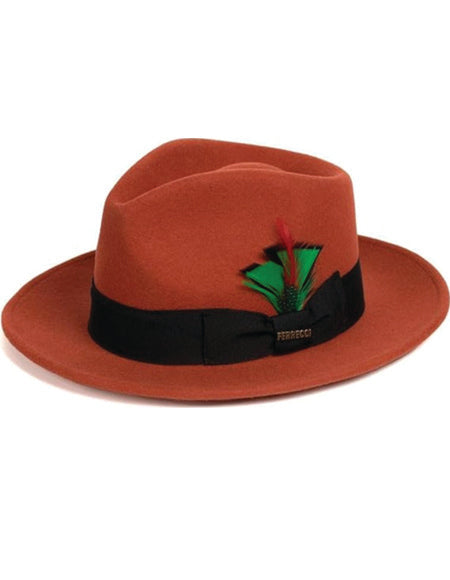 Gangster 100% Austrailian Wool Crushable Mens Fedora Hat - Removable Feather Gangster Rust Mens Fedora Hat