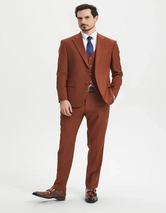 Men's Two Button Vested Stacy Adams Basic Designer Rust Brown Suit