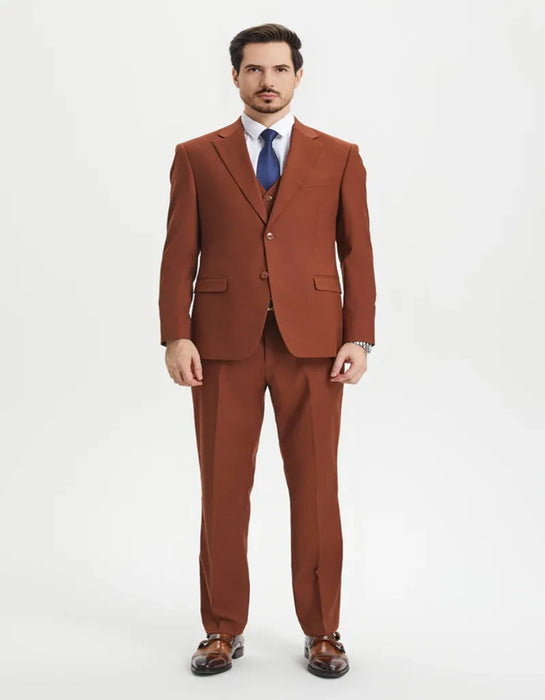 Men's Two Button Vested Stacy Adams Basic Designer Rust Brown Suit