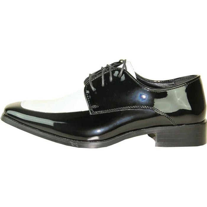 CHEAP DISCOUNTED PRICED - MENS CLASSIC MOC TOE SHINY PATENT PROM SHOE IN BLACK & WHITE