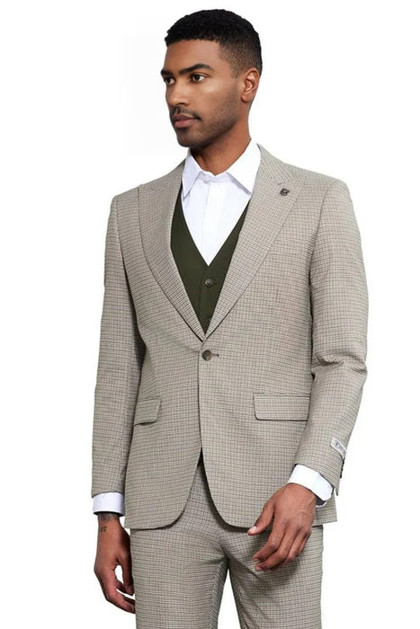 Men's Stacy Adams One Button Peak Lapel Vested Micro Check in Sage Green