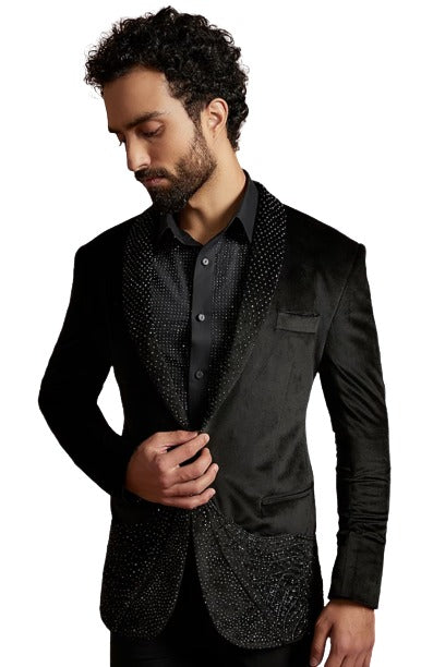 Black Velvet Blazer - Glitter Sequin Lapel Sport Coat For Men