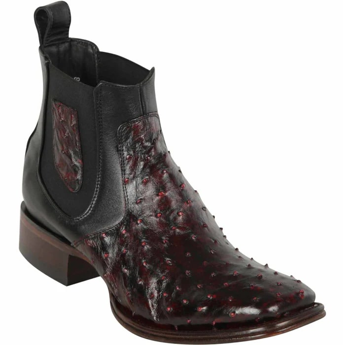 Men's Black Cherry Ostrich Leather Cowboy Boots: Square Toe, Short Dress Western Boots by Los Altos