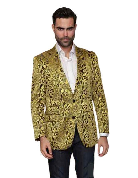 Alberto Nardoni Floral Paisley Shiny Satin Stage Party Two Toned Blazer / Sport coat / Jacket Gold