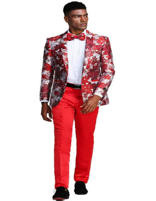 Mens Slim Fit Paisley Prom Tuxedo Jacket in Red and Silver