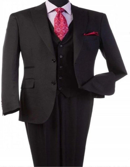 Steve Harvey Suit - Peak Lapel Modern Fit - No Pleated Pants Designer Brand Black 3 Piece Vested Suit