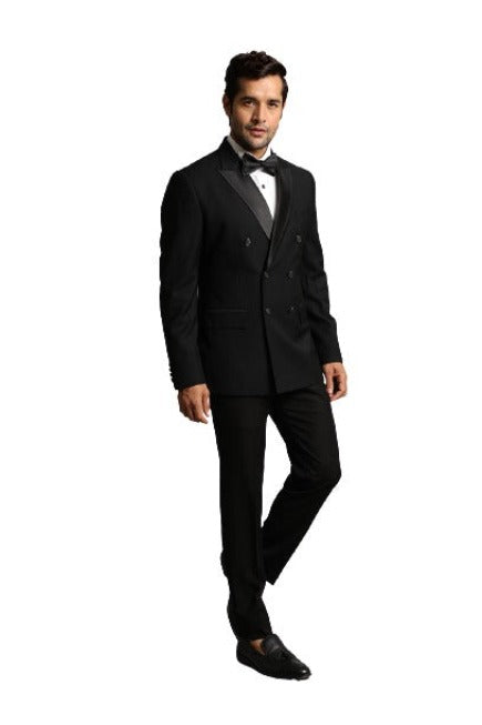 Super 150's Solid Black Double Breasted Tuxedo 6 on 2 Style Men's tuxedo Suit - mensusa