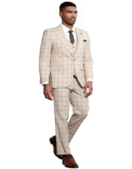 Men's Stacy Adams One Button Peak Lapel Vested Tan Windowpane Plaid Suit