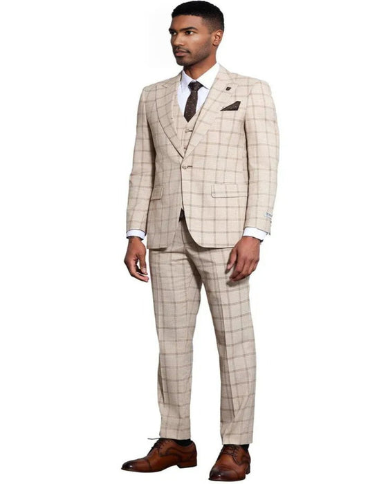 Men's Stacy Adams One Button Peak Lapel Vested Tan Windowpane Plaid Suit