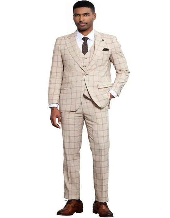 Men's Stacy Adams One Button Peak Lapel Vested Tan Windowpane Plaid Suit