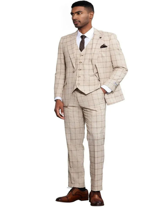 Men's Stacy Adams One Button Peak Lapel Vested Tan Windowpane Plaid Suit