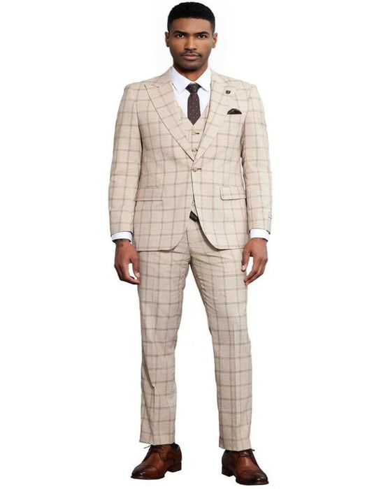 Men's Stacy Adams One Button Peak Lapel Vested Tan Windowpane Plaid Suit