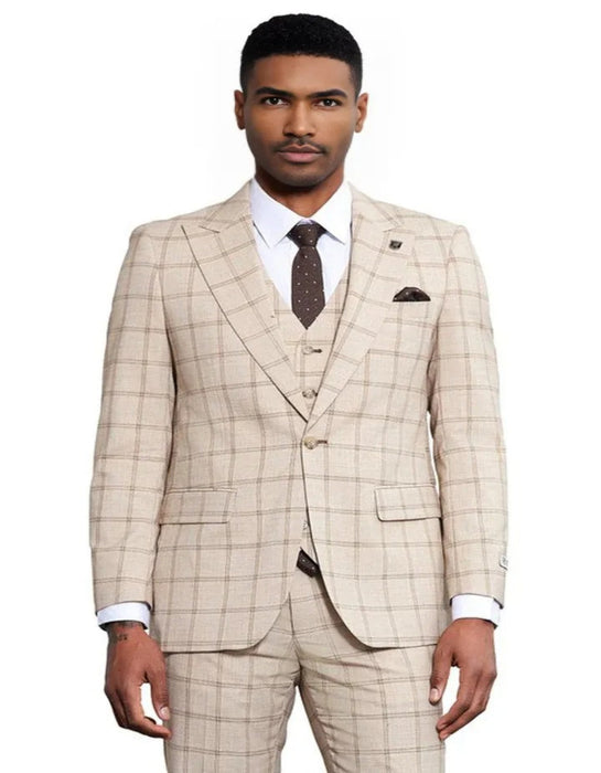 Men's Stacy Adams One Button Peak Lapel Vested Tan Windowpane Plaid Suit