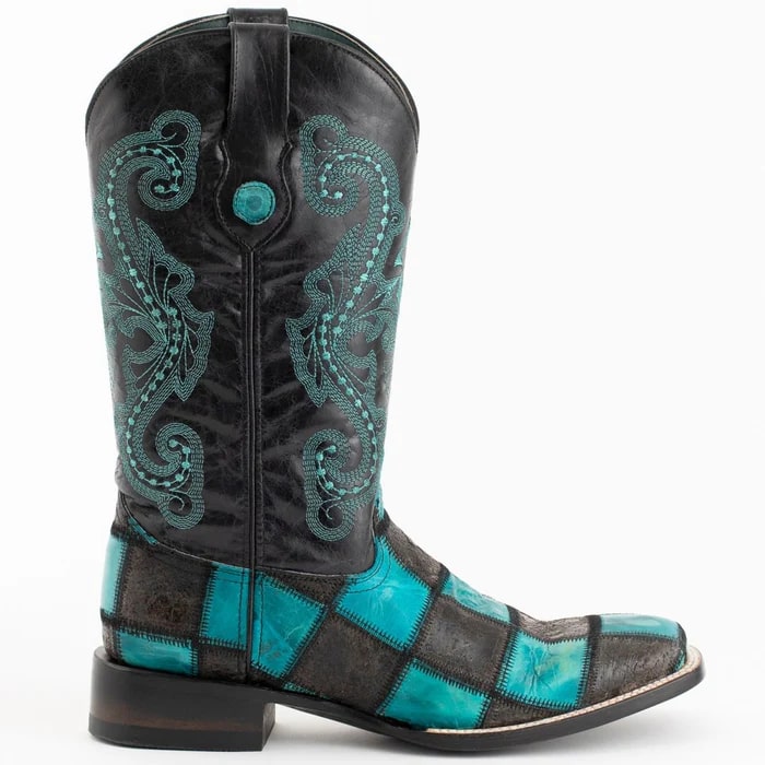 Men's Western Cowboy Boots - Ferrini Handcrafted Black/Teal Patchwork Square Toe Leather Dress Boots