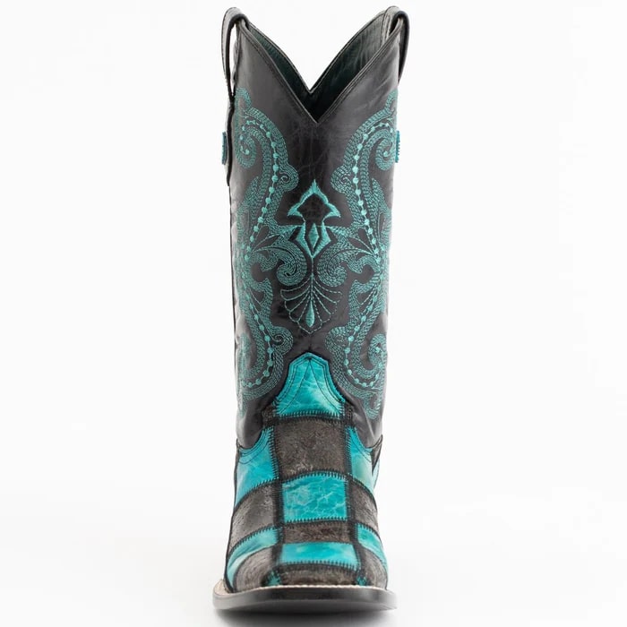 Men's Western Cowboy Boots - Ferrini Handcrafted Black/Teal Patchwork Square Toe Leather Dress Boots